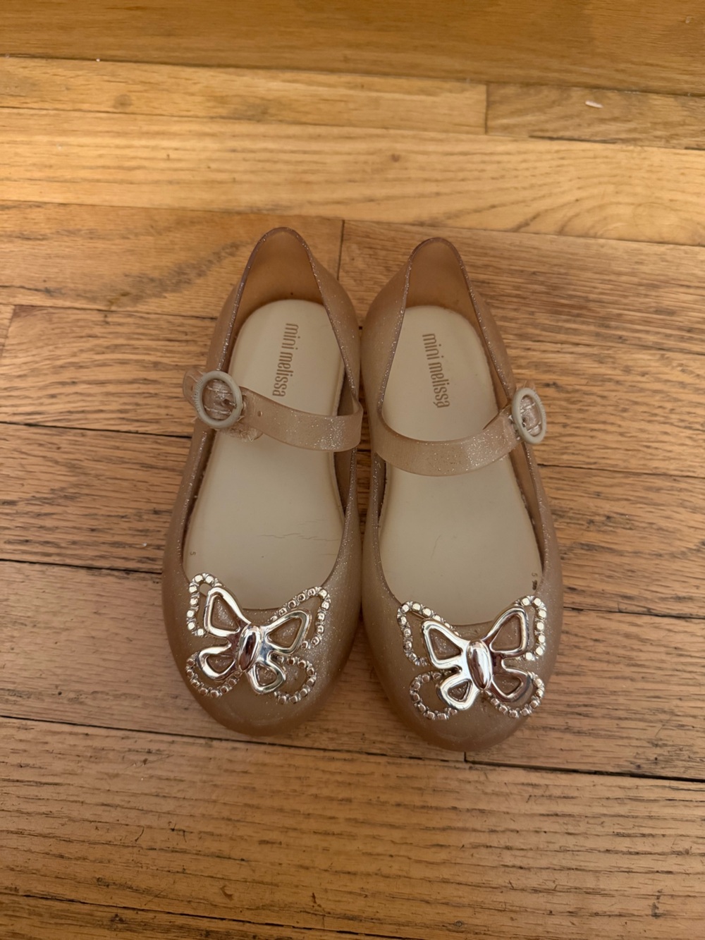 Mini Melissa Glitter Nude-Pink Mary Jane Flats with Silver Bow